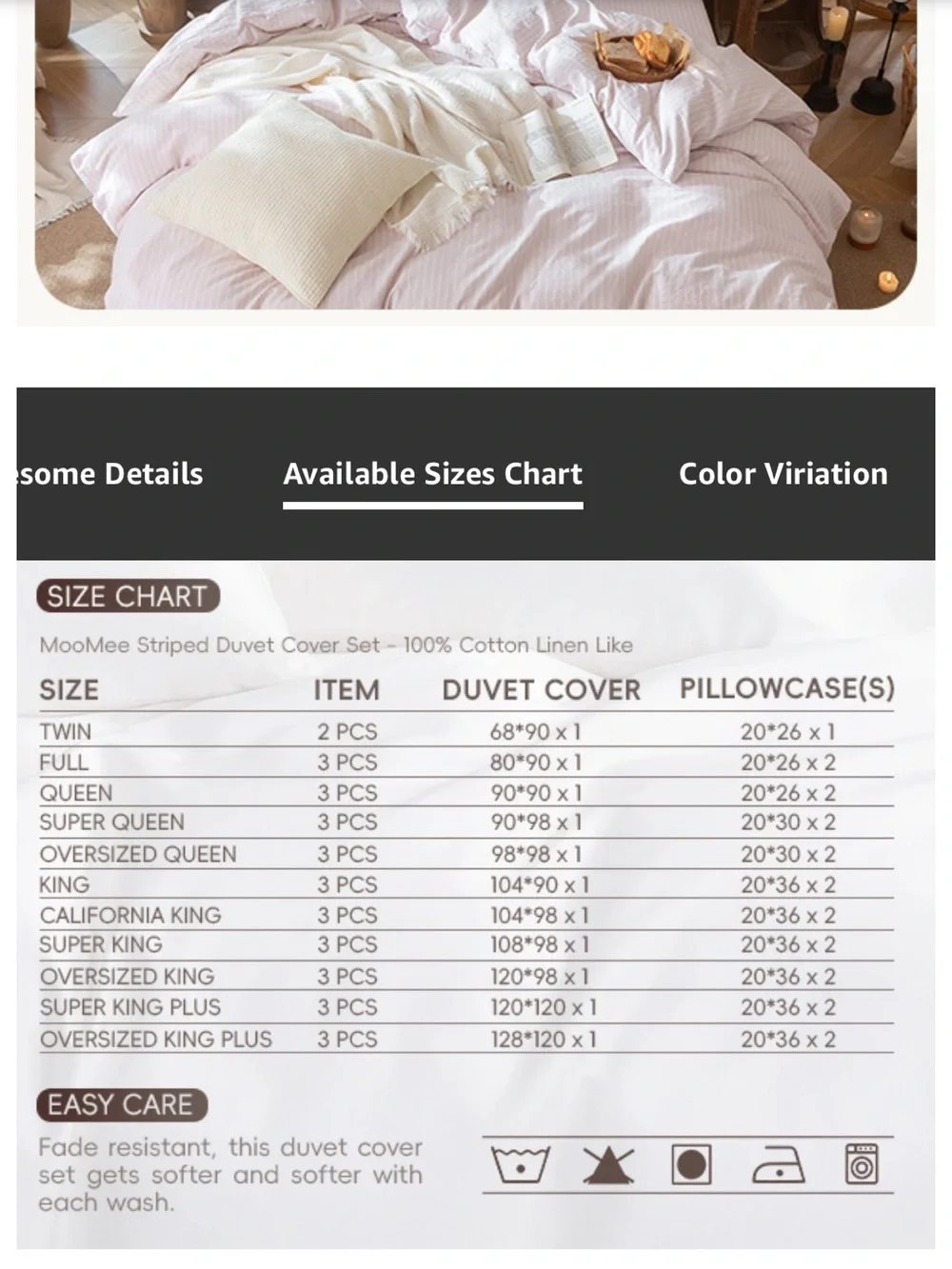 QUEEN Striped Duvet Set 3Pc. 100% Cotton 200 Thread Count GRAYISH PINK & WHITE